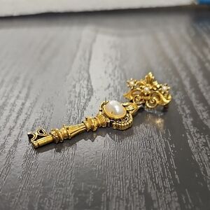 Ornate Gold Tone and Faux Pearl Key Brooch Vintage